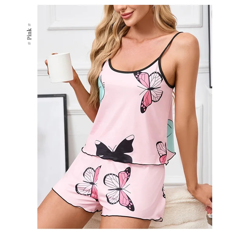 Women's Pajama Set Butterfly Print Sleepwear Summer Sleeveless Cami Tops & Shorts Pyjama Pjs Suit Soft  Home Clothes Loungewear