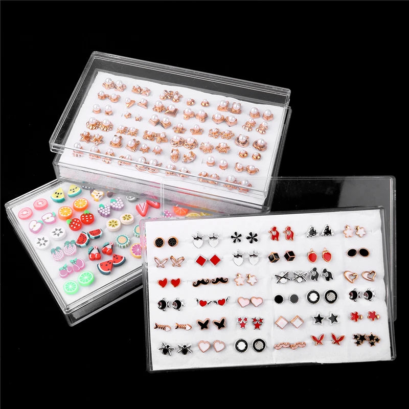 18/36Pairs Colorful Rhinestone Hollow Heart Star Flower Animal Mix Style Moon Crown Small Plastic Stud Earrings Set For Women