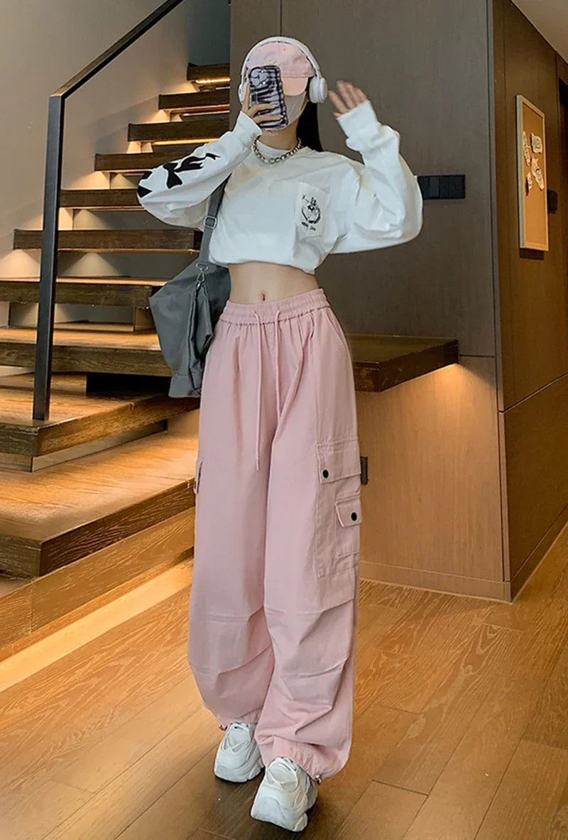 Y2K Cargo Pants Women Harajuku Oversized Sweatpants Black Pockets Wide Leg Joggers Streetwear High Waist Baggy Sports Trousers