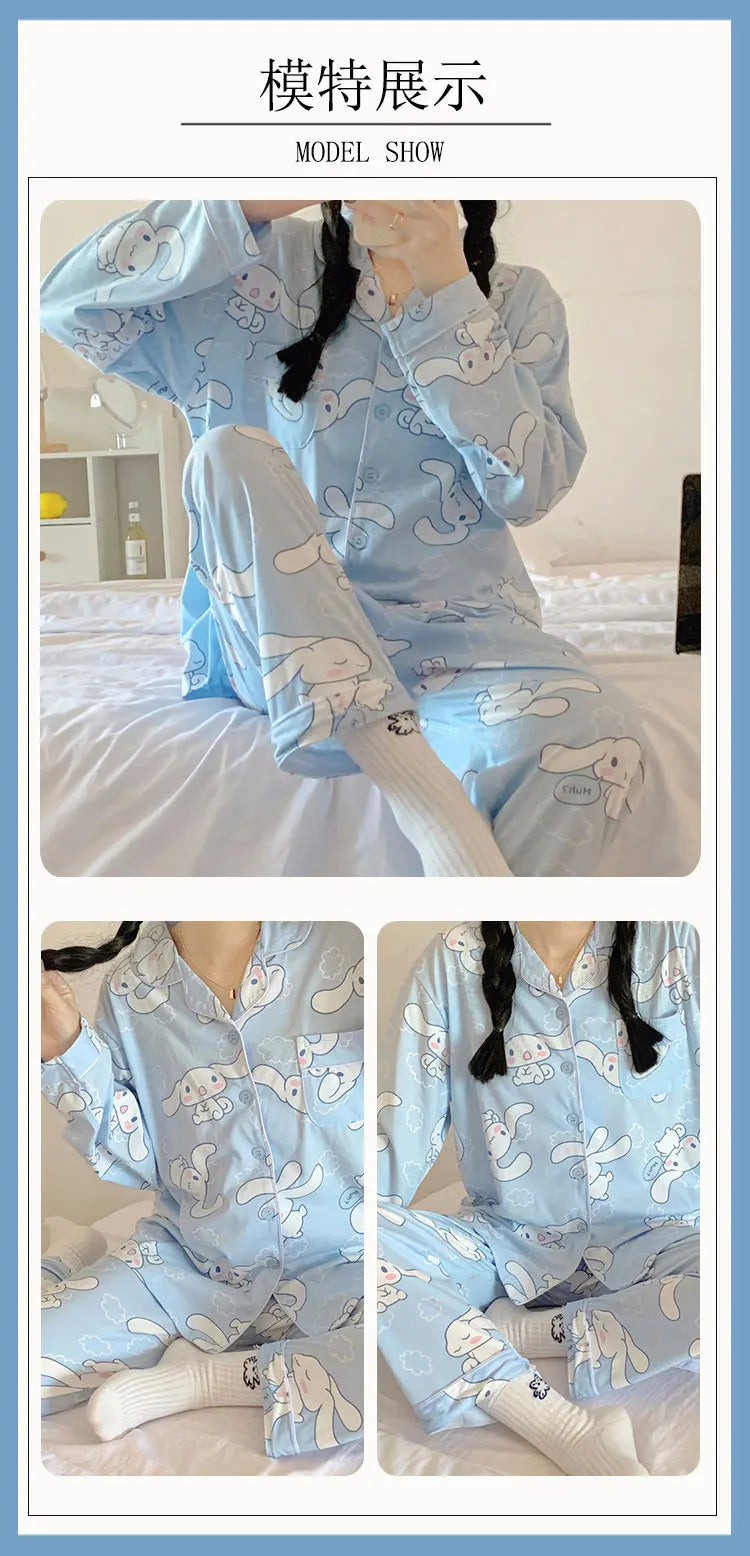 Sanrios Cinnamoroll Pajamas Women Spring Autumn Anime Hello Kittys Summer Long Sleeve Thin Cartoon Cute Home Clothes Suit Cotton