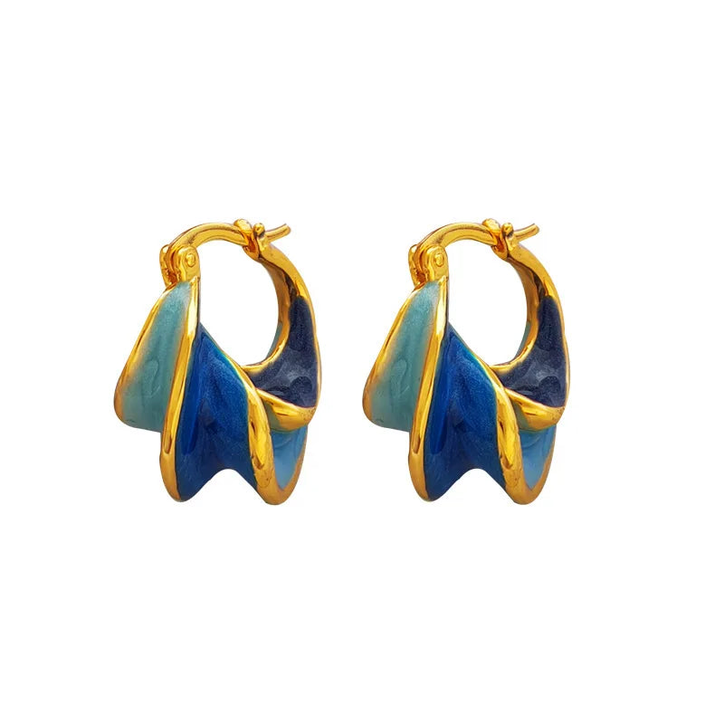 New Trendy Enamel Blue Color Metal Texture Small Hoop Earrings for Women Gold Plated Statement Ear Buckle Creative Jewelry Gifts