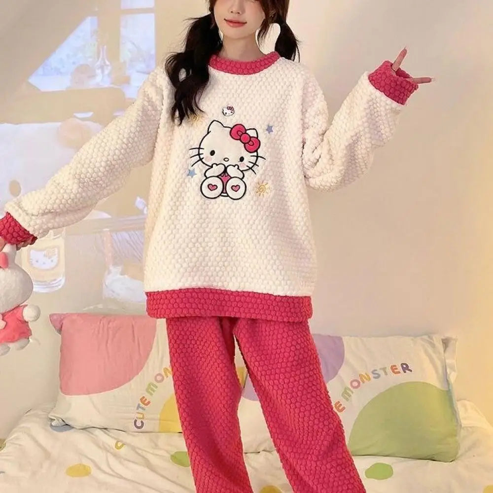 Women Cute Hello Kitty Pajamas Pants Suit Sanrioed Anime Kawaii Spring Winter Cardigan Plush Coral Fleece Red Cartoon Homewear