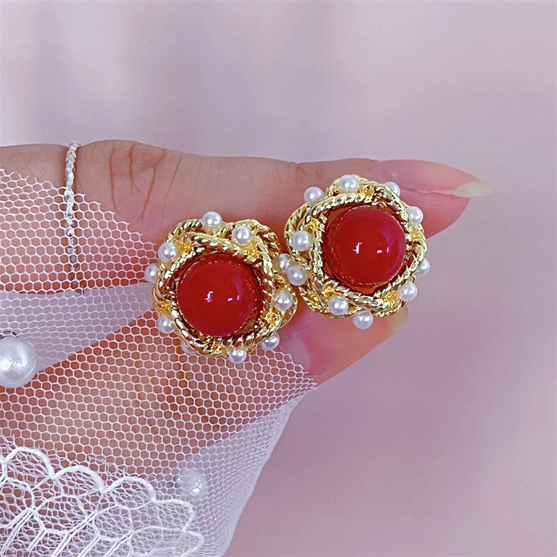 Red Acrylic Ball Stud Earrings for Women Twisted Metal Side Imitation Pearl Beads Girls Sweet Ear Decoration New Year Jewelry