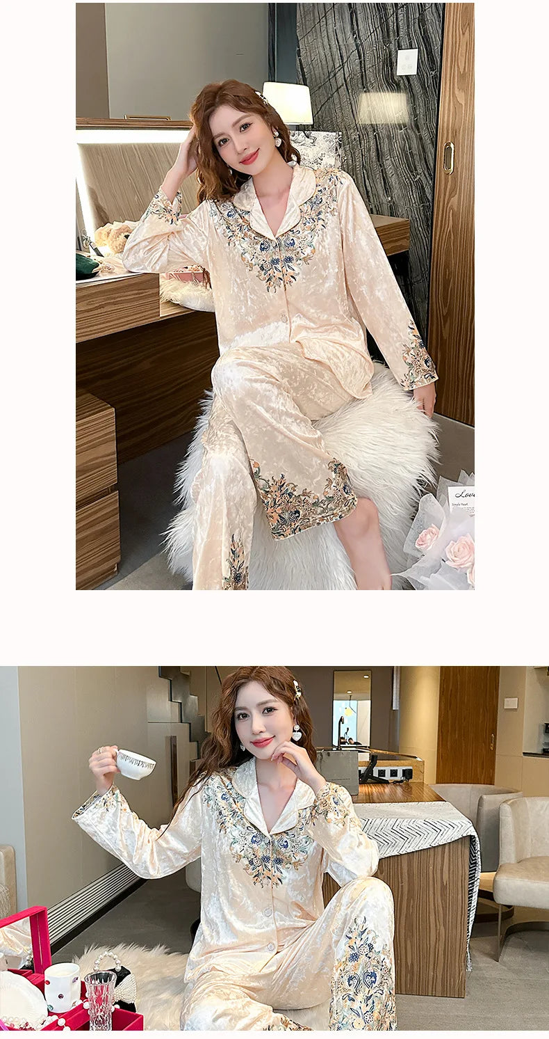 2024 Spring Autumn New Pajamas Women's Korean-Style Lapel Golden Velvet Top With Pants For Outer Wear Home Clothes