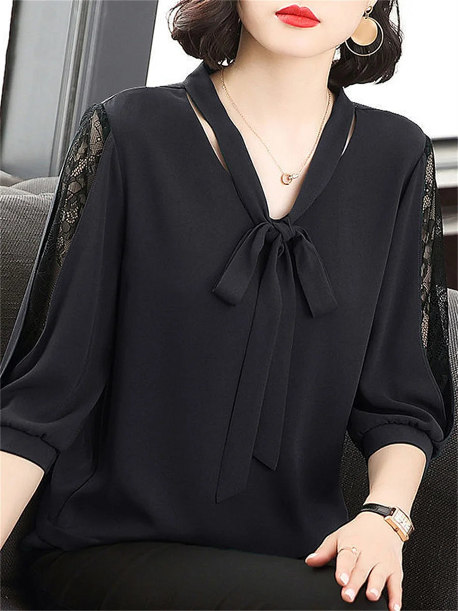 Women Spring Summer Style Blouses Tops Lady Casual Bow Tie Colloar Half Lace Sleeve Loose Blusas Tops DF4275