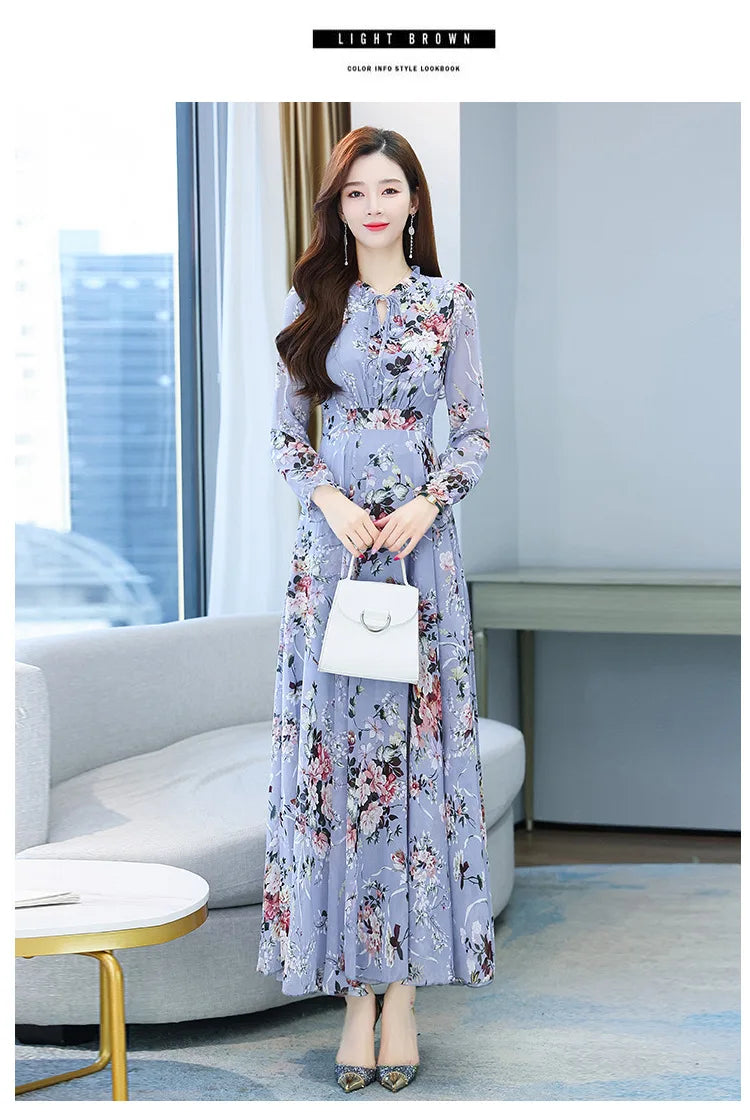 Spicy Mom Dress Chiffon Moms Korean Edition New Autumn and Winter Fragmented Flower Long Style New Long sleeved Medium Long UAFP