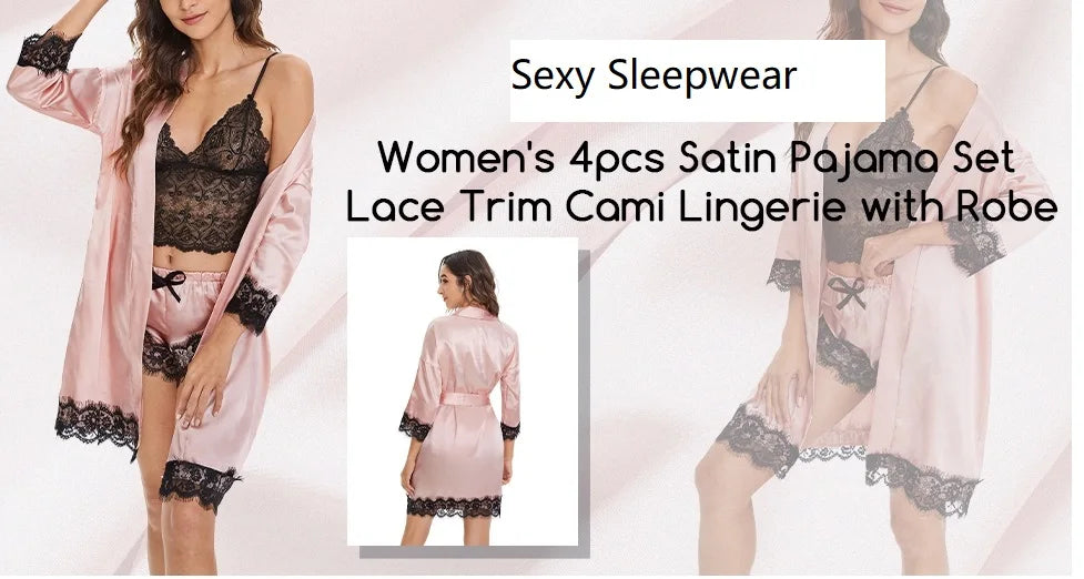 4Pcs/Set Women' Silk Satin Pajamas Set Lingerie Sexy Floral Lace Cami Spaghetti Strap Top and Satin Shorts with Robe Sleepwear