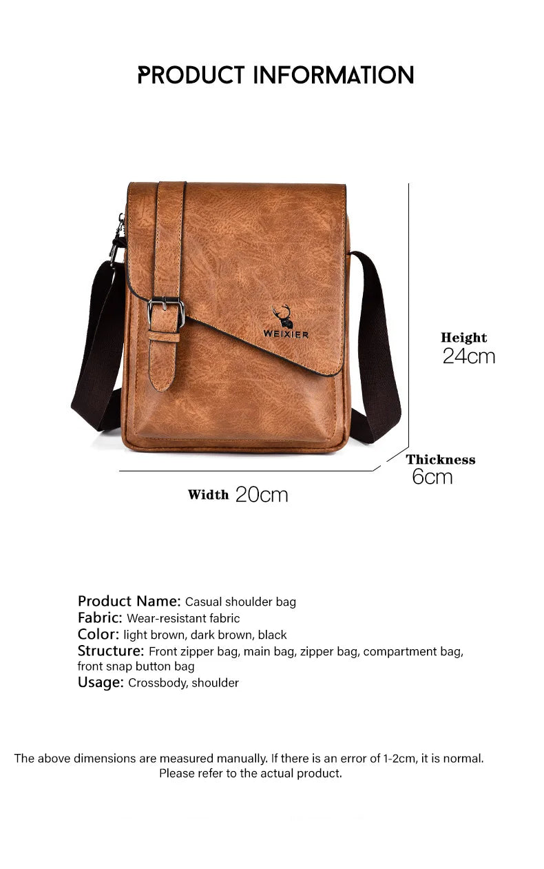 WEIXIER Men Retro Business Shoulder Bag New Fashion Brand PU Leather Handbag Versatile Travel Crossbody Tote Bags Toolkit 2024