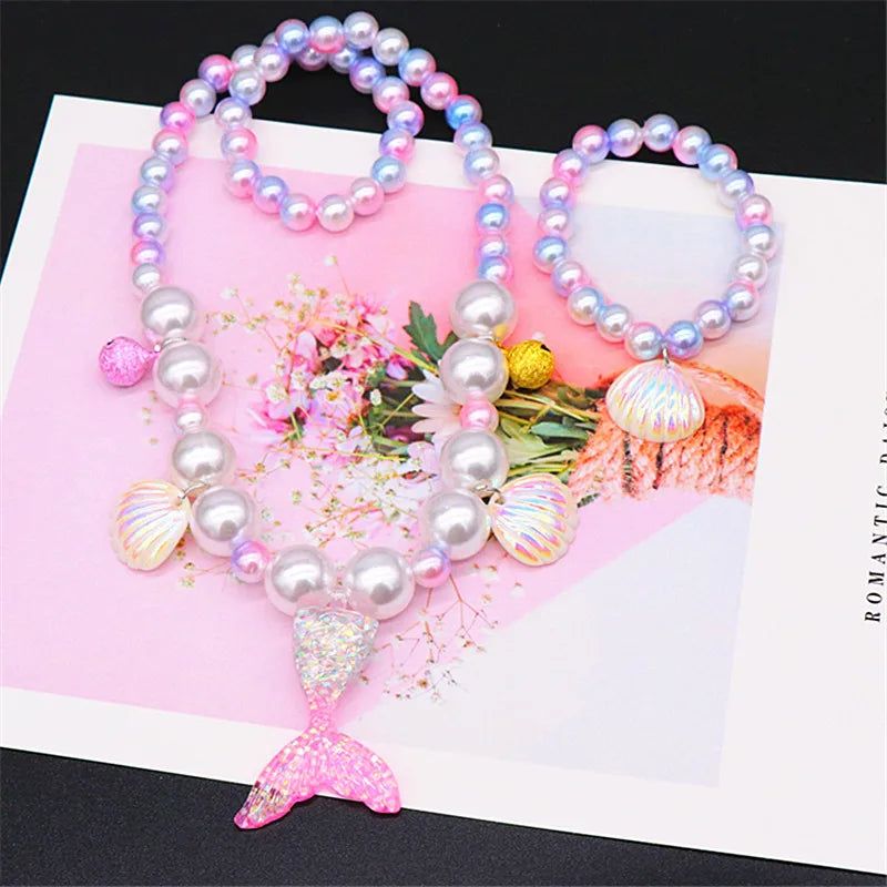 2/5pcs Girls Jewelry Sets Mermaid Pearl Necklace Bracelet Ring Earring Set Kids Toys Children Princess Fashion Accessories Girl