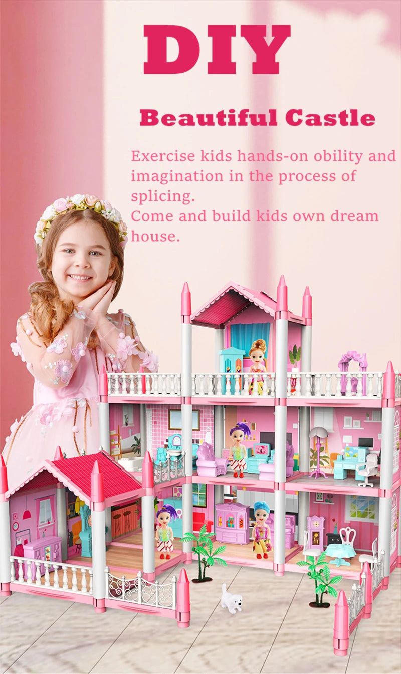 3D DIY Dream Princess Castle Villa Assembly Doll House Set Toy Girl Family Toy Children's Music Doll House Assembly Villa House