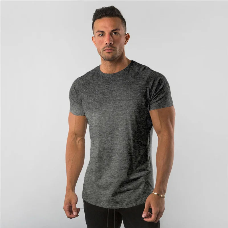 Cotton Plain Tops Tees Fitness Mens T Shirt Short Sleeve Muscle Joggers Bodybuilding Tshirt Male Gym Clothes Slim Fit Shirt