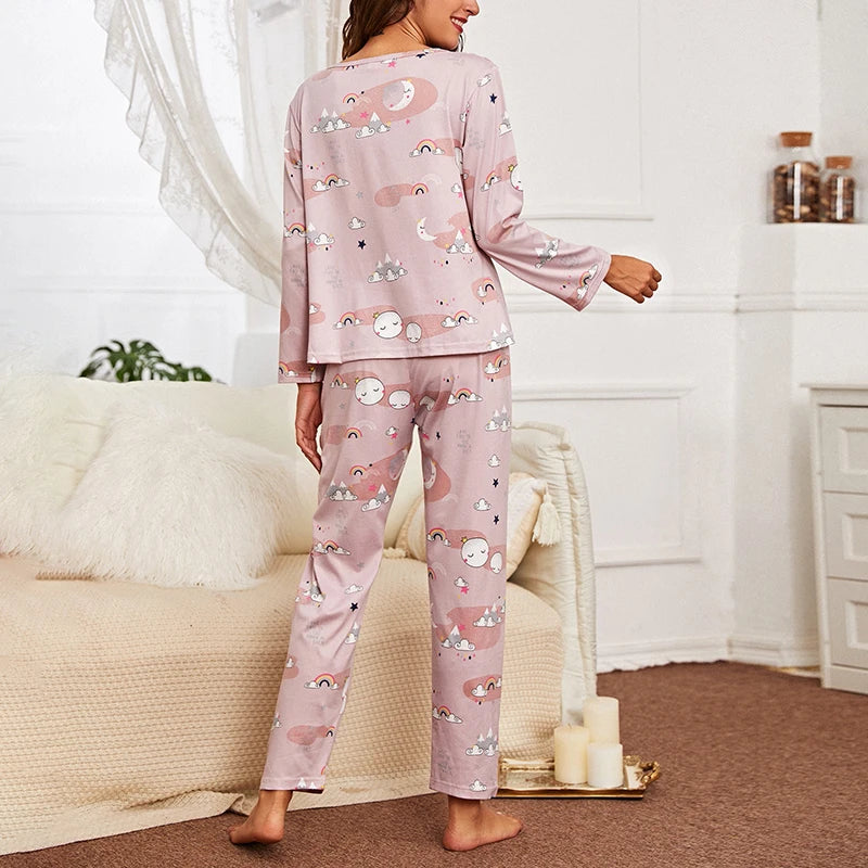 Autumn women's printed pure cotton sleepwear set with round neck long sleeved pants casual  comfortable two piece home suit set