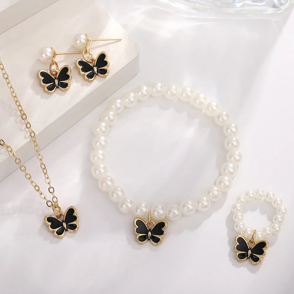 4pcs/Set Sweet Jewelry Set Butterfly Pendant Imitation Pearl Necklace Bracelet Earring Set for Women Girl Jewelry Accessories