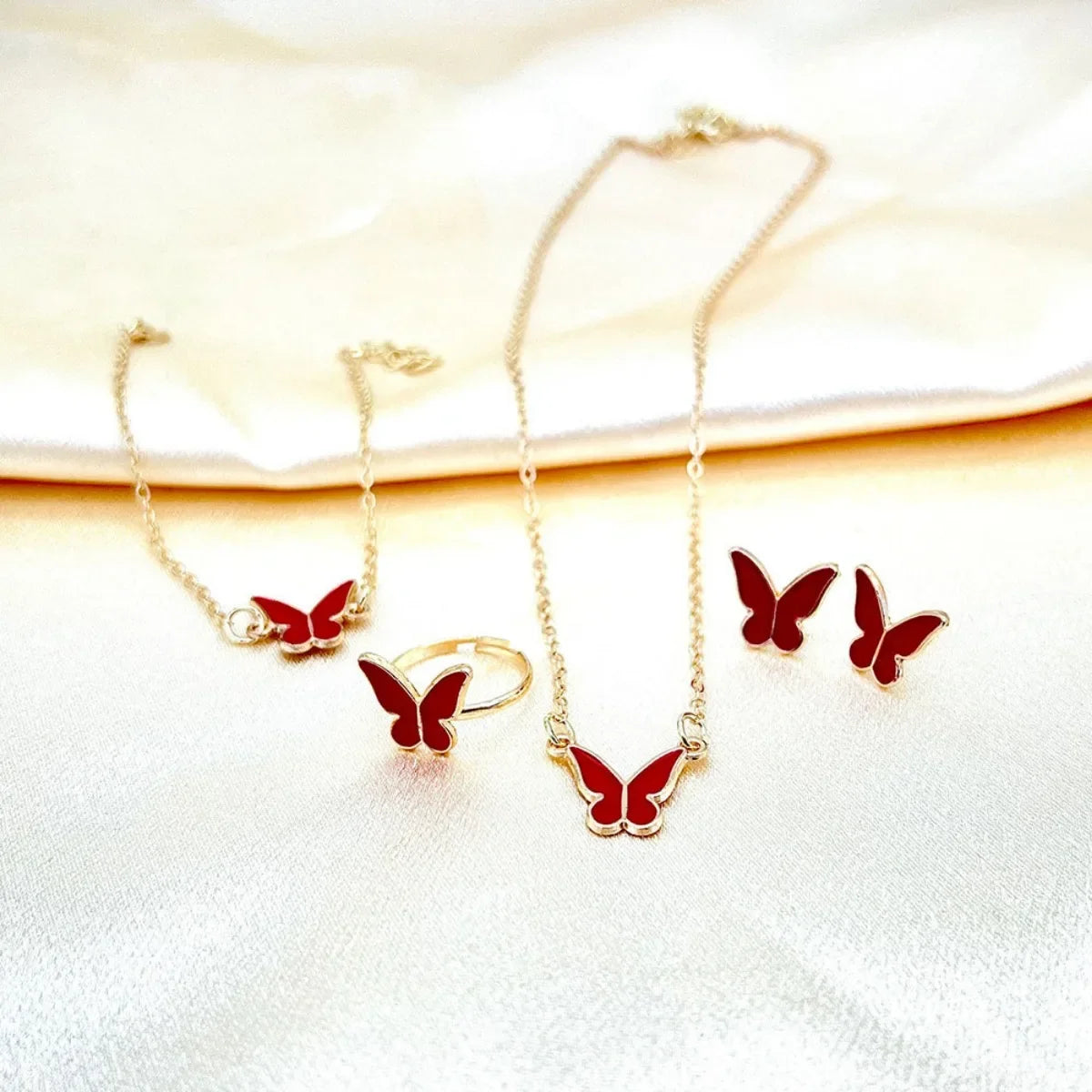 5PCS Enamel Colorful Butterfly Pendant Necklace for Women Girls Wedding Party Jewelry Set Chain Bracelet Stud Earrings Ring