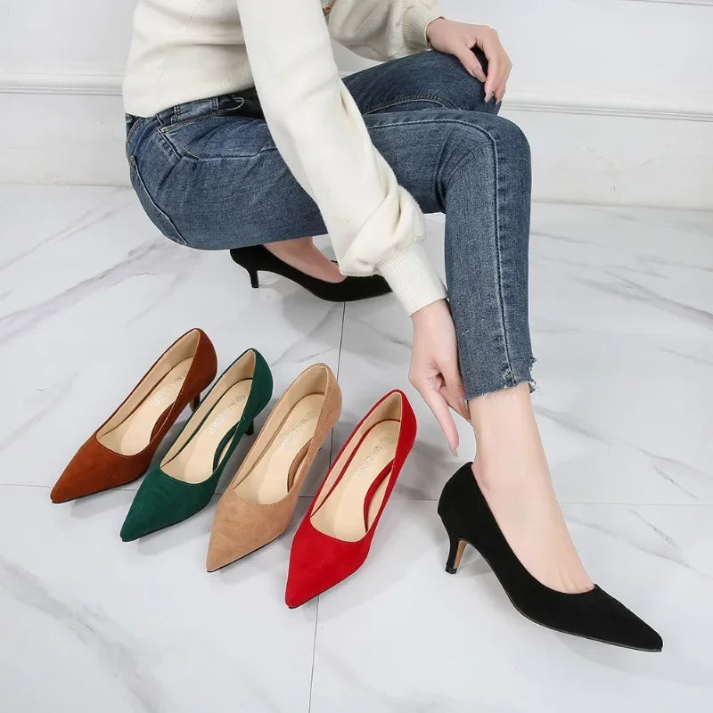 Low Heel Pumps Lady Pointed Toe Kitten Heels Female Green Flock Plus Size 43 44 45 46 Red Shoes 2023 Women 5cm High Heels