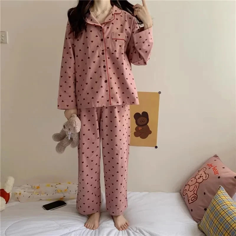 Large Size Sexy Nightwear Women Sleepwear Autumn and Winter Cardigan Home Wear Peach Heart Long Sleeves School Silk Pajamas