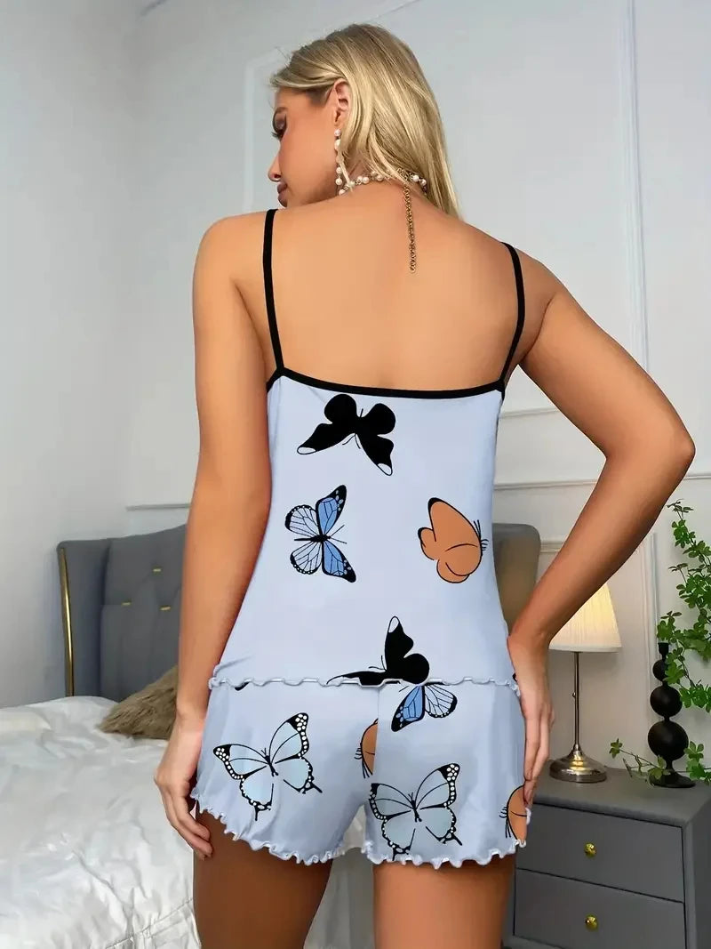 Butterfly Print Pajama Set Lettuce Trim Cami Top Elastic Waistband Shorts Women Sleepwear Loungewear