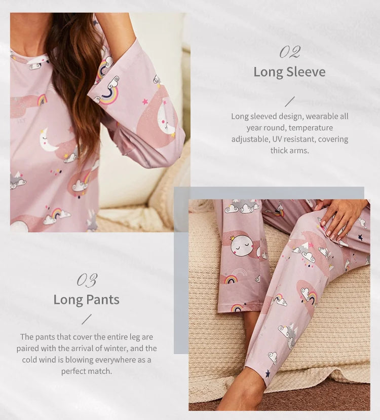 Autumn women's printed pure cotton sleepwear set with round neck long sleeved pants casual  comfortable two piece home suit set