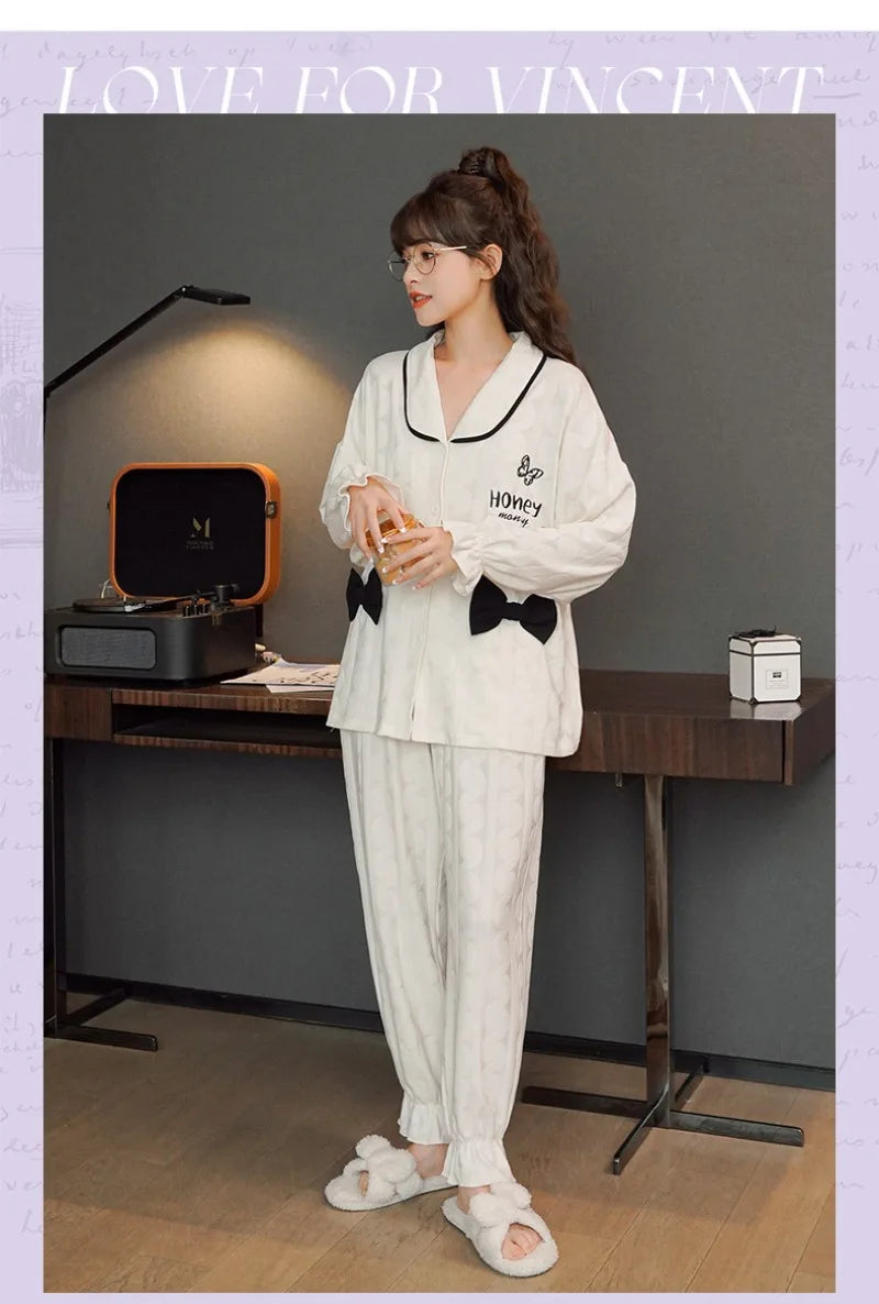 Women's Sweet Ruffle Pajamas Set Long Sleeve Top And Long Pants Sleepwear 2 Piece Set For Women Korean Casual Home Loose Pajamas