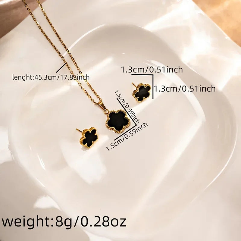 Lucky Five-petal Flower Clover Earrings Necklace Ring Bracelet Four-piece set for Woman Fashionable Accessories Party Jewelry