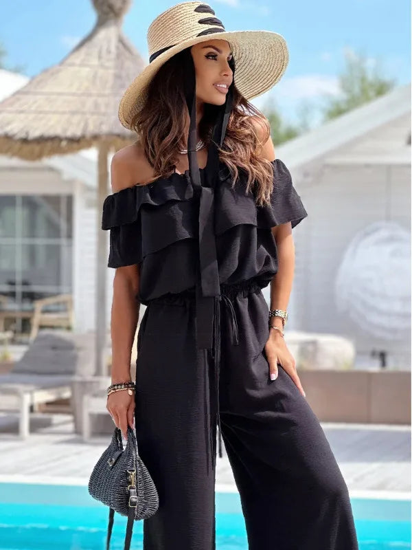 New Fashion Women's S-2XL Size Solid Color Jumpsuit Ladies Casual Off-the-Neck Short Sleeve Waist-Controlled Jumpsuit Rompers