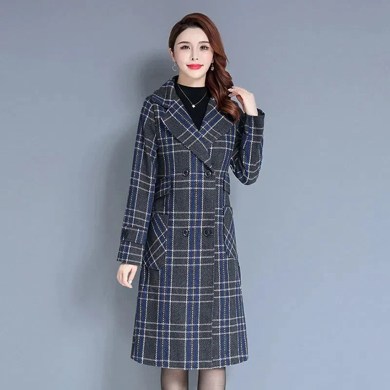 Women's Long Woolen Jacket 2022 New Style Thickened Warm Bird's Nest Plaid Woolen Overcoat Neat Fashion Sense Chic Streetwear