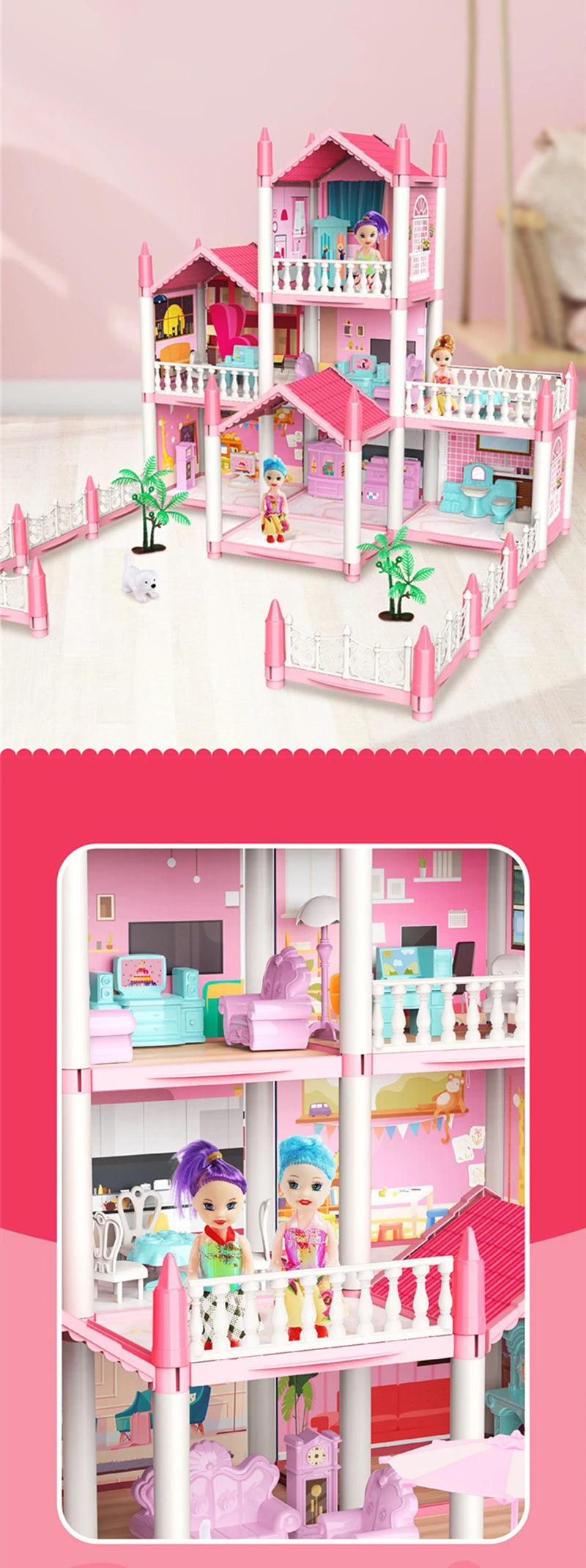 3D DIY Assembly Doll House Fantasy Princess Castle Villa Set Toys Girl Family Toys Children's Music Doll House Assembly Villa