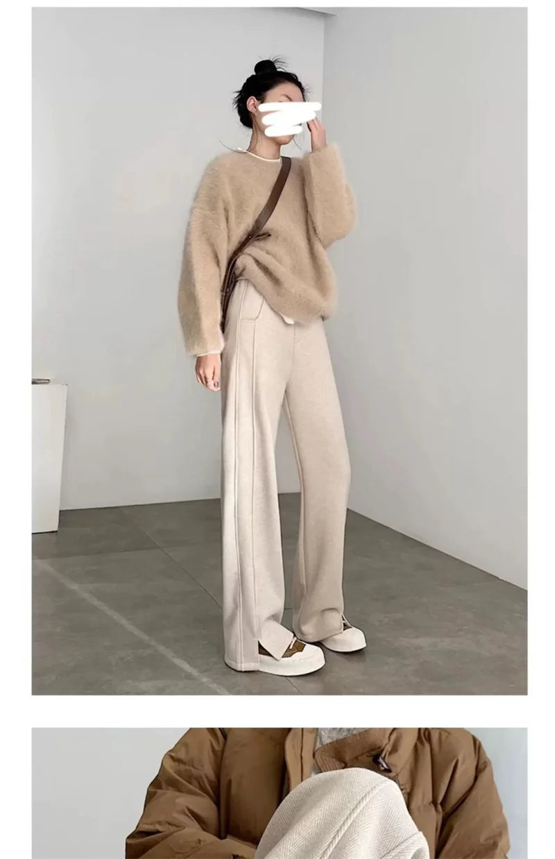 Women's Autumn/Winter New Herringbone Striped Flannel Wide leg Pants Woolen Split Pants Straight leg Narrow Version Banana Pants