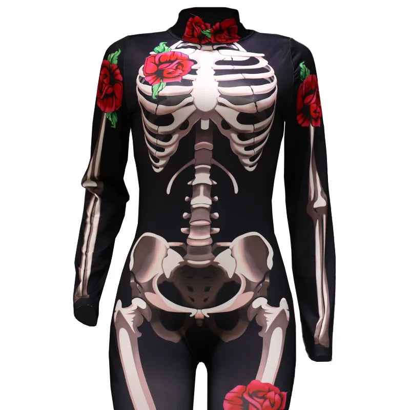 European and American Halloween women's personalized cosplay parent-child outfit rose skeleton printed jumpsuit