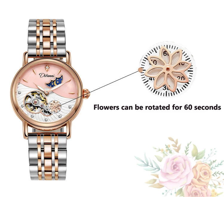 Rotatable Flowers Female Watch Women Top Brand Luxury Fashion Moon Phase Waterproof Lady Automatic Mechanical Watches Reloj