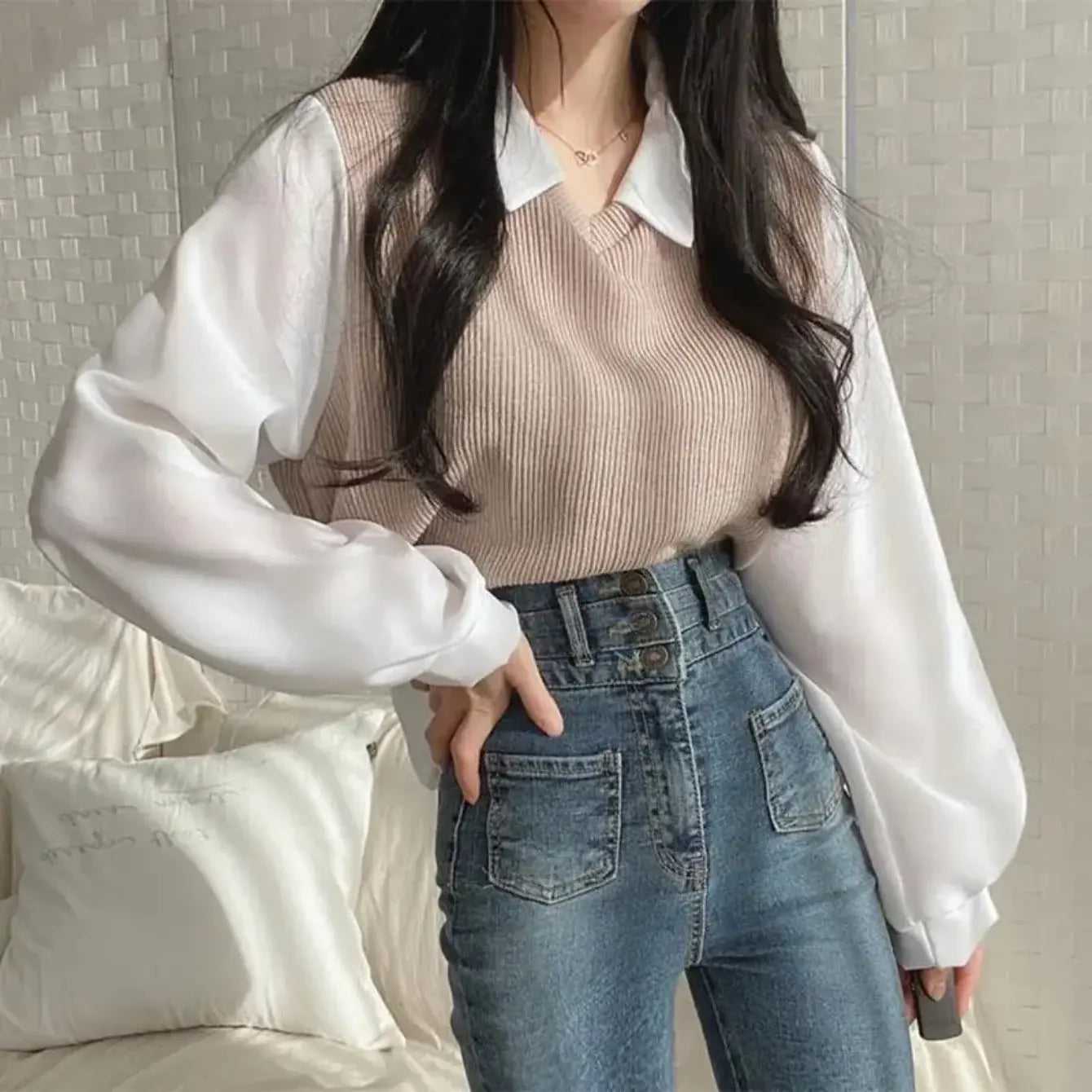 Women's Long Sleeve Korean Shirt Y2K POLO Collar Two Piece Mock Top Vintage ADT Sweater Spring Shirt Fashion