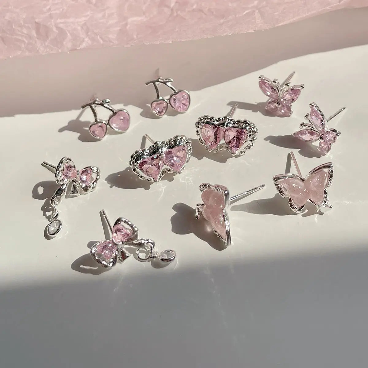 Summer New Shiny Pink Flower Cherry Butterfly Star Pearl Stud Earrings Set for Women Girls One Week Korean Fashion Jewelry Gift