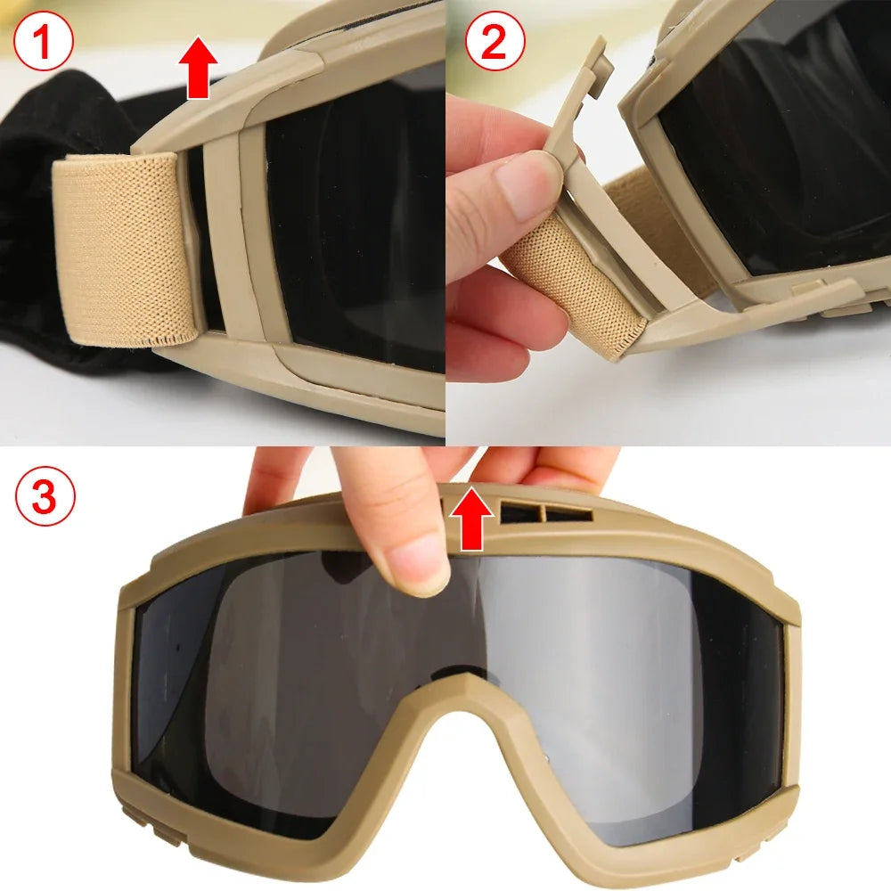 JSJM Airsoft Tactical Goggles 3 Lens Windproof Dustproof Shooting Motocross Motorcycle Mountaineering Glasses CS Safe Protection