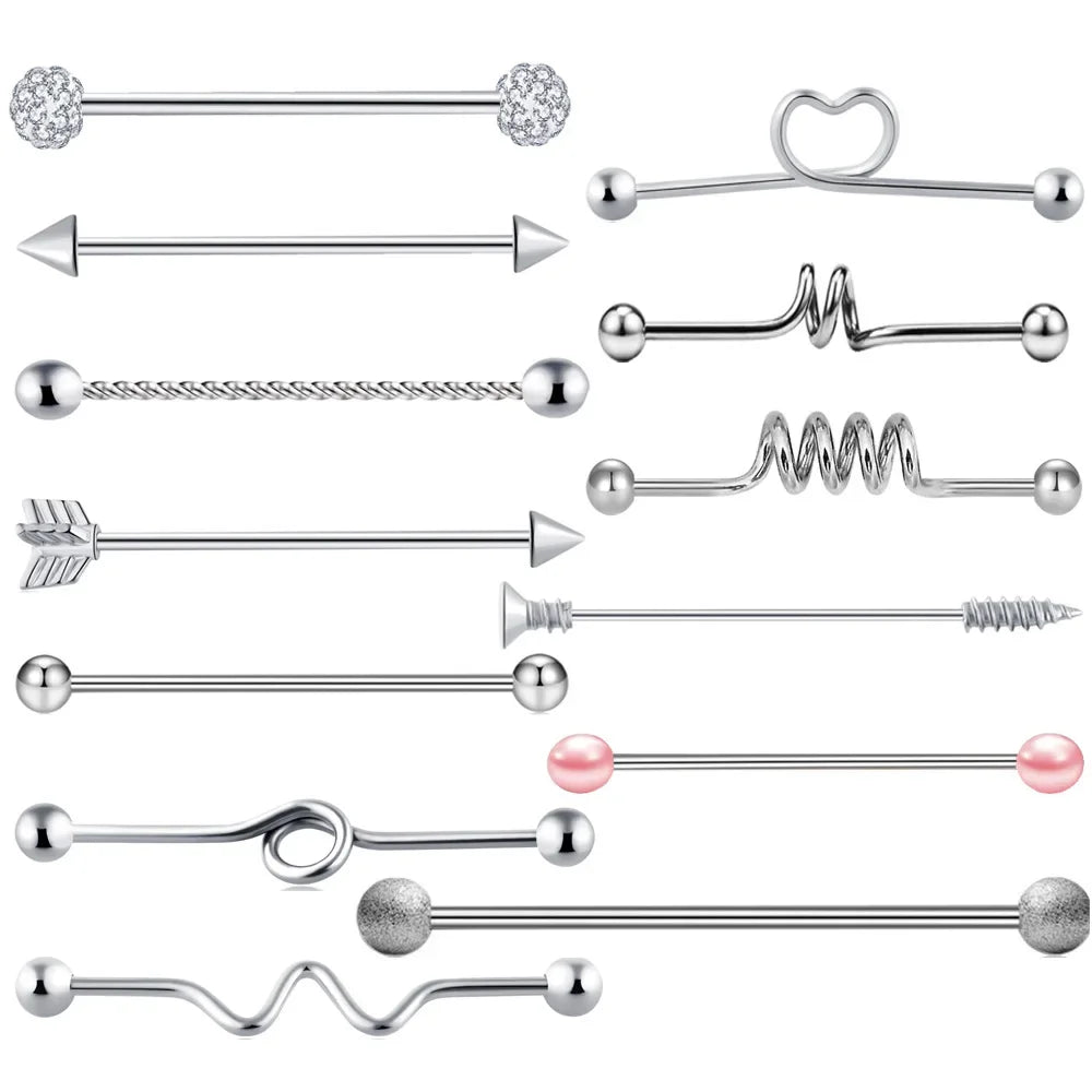 6/8/9/13Pcs/steStainless Steel Heart Industrial Piercing Set Earring Cartilage Industrial Barbell for Women Unisex Body Jewelry