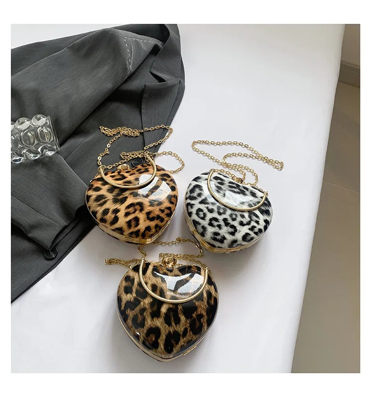 Ladies Famous Brand Evening Clutch Bag Heart Shape PU Patent Leather Leopard Print Luxury Phone Shoulder Handbag Women Wrist Bag