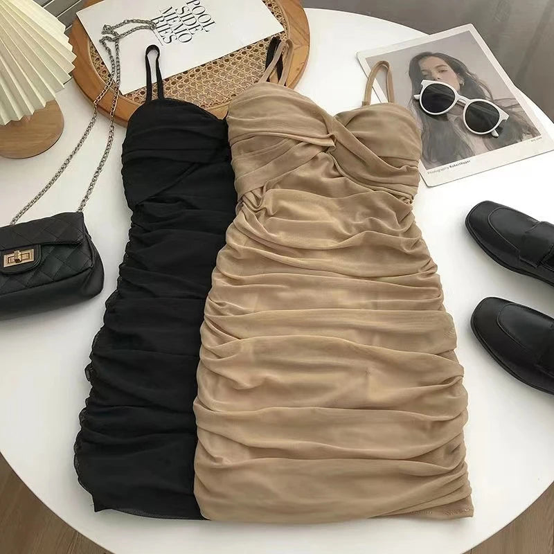 1pc Women Sexy Club Shirring Design Dresses Summer Leisure Lady Mini Straps Dress