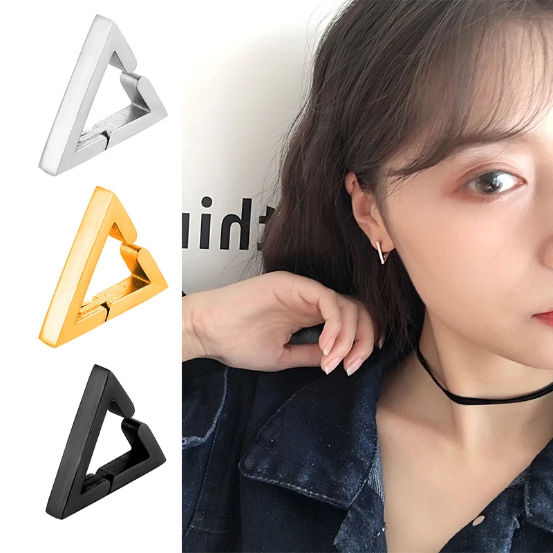 2PC Punk Stainless Steel Non-Piercing Triangle Earrings Ear Clip Fake Triangle  Ear Hoops Men and Women Hip Hop Ear Accessories