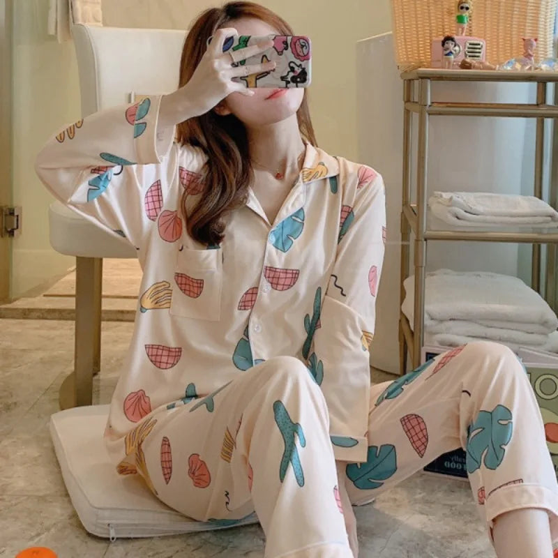 women's pajamas set cardigan printed long-sleeved trousers homewear two-piece blue strawberry pattern college students sleepwear