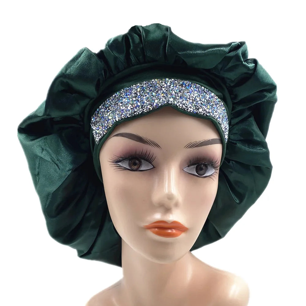 Glitter Rhinestone Wide Band Turban Women Hair Cover Satin Night Sleep Cap Bonnet Head Scarf Headwrap African Hat