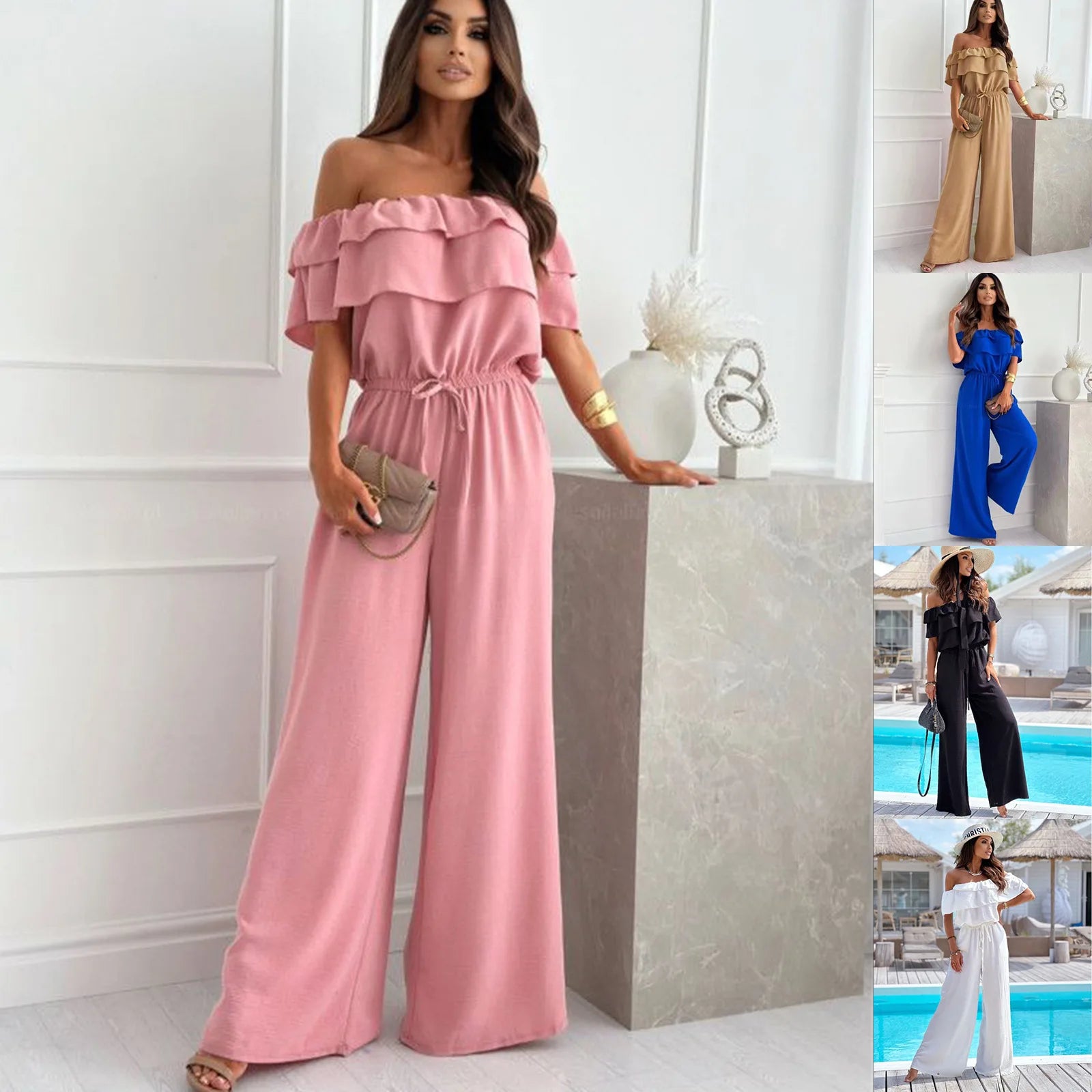 New Fashion Women's S-2XL Size Solid Color Jumpsuit Ladies Casual Off-the-Neck Short Sleeve Waist-Controlled Jumpsuit Rompers