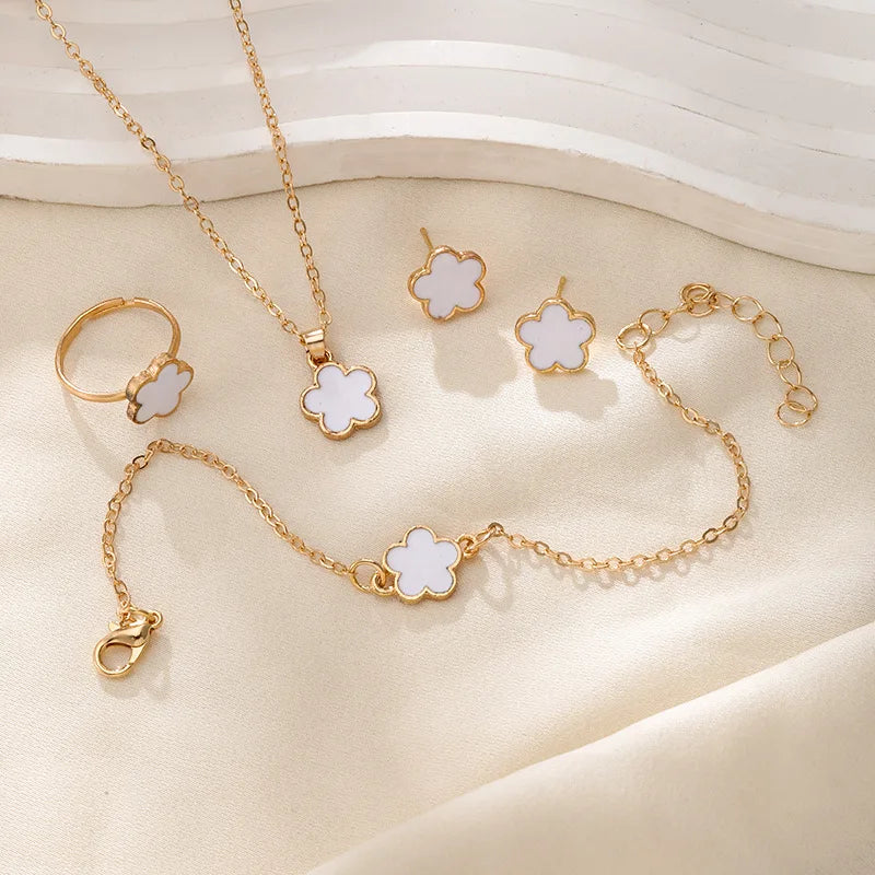 4pcs Set Luxury Flower Stud Earrings Bracelet Necklace Ring Set for Women Delicate Plum Blossom Five Leaf Flower Jewelry