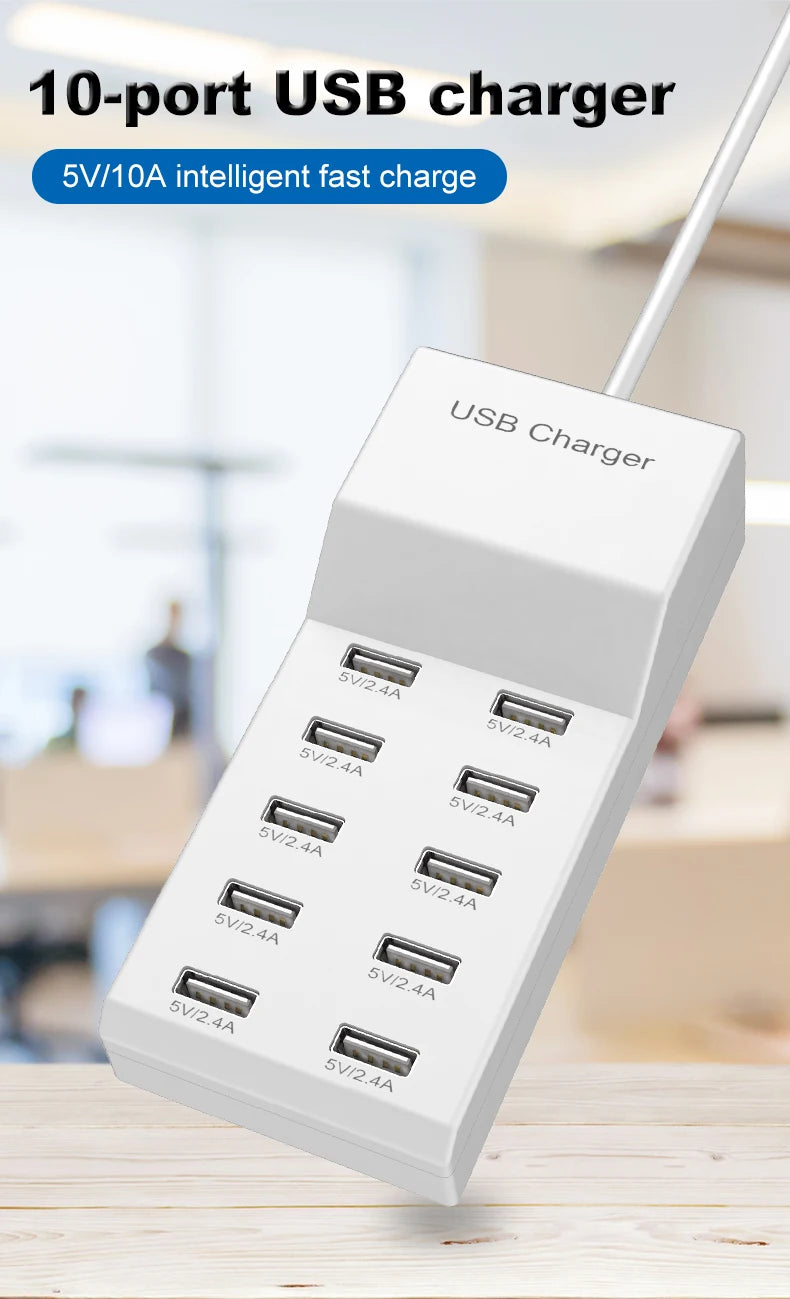 High Speed 10 Ports 5V USB Hub AC Charger Strip Adapter Portable USB Power Adapter for Home Office Travel Wall Charger EU Plug