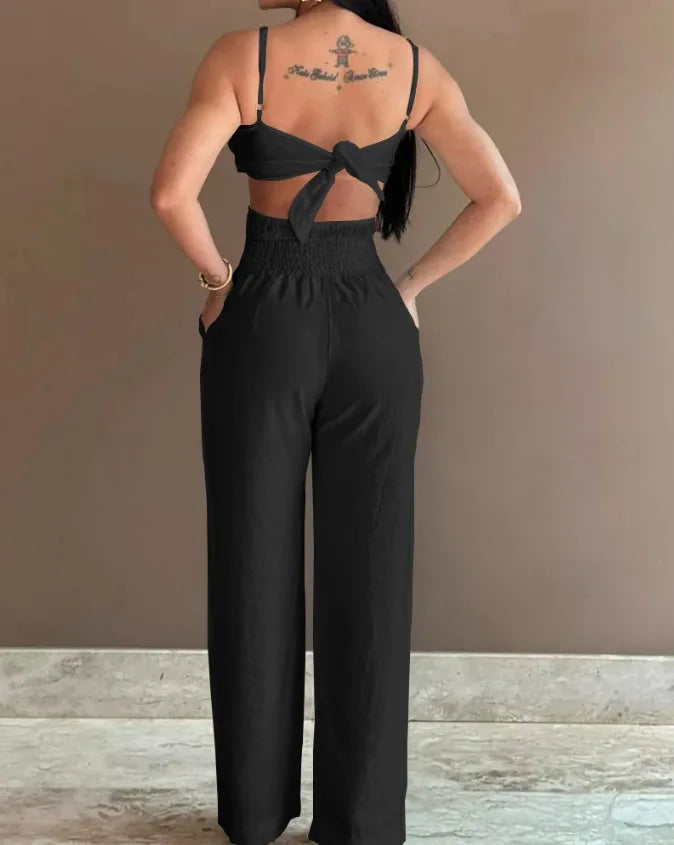 Women Spring Summer Onepiece Trousers Jumpsuits Solid Color Sleeveless Hollow Out Wide Leg Pants Casual Fashion Regular Backless