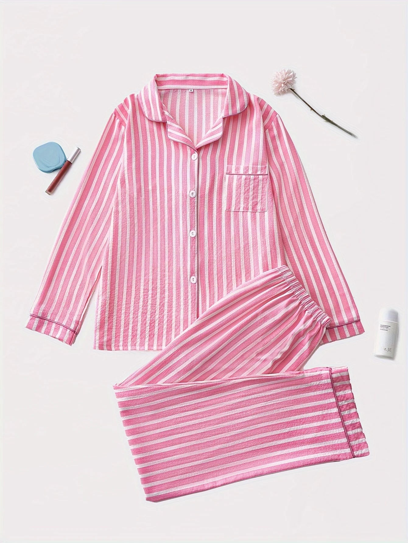 Elegant Striped Polyester Pajama Set for Women with Lapel Collar, Long Sleeve Button-Up Top, and Long Pants, Fall/Winter Woven S