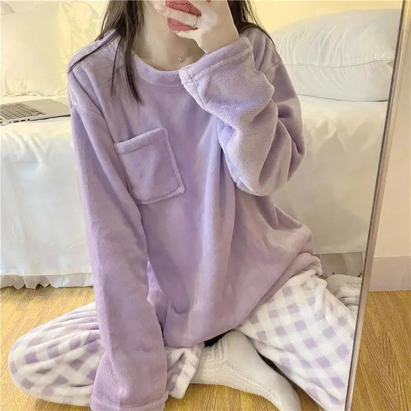 Fleece Thick Warm Women's Pajamas Set Winter Sleepwear Casual Solid Top and Plaid Pants Soft Pijamas Set for Women Home Suit