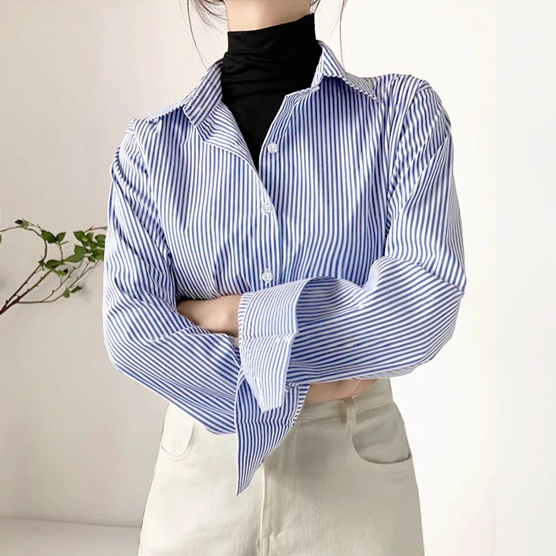 2024 New Women's Casual Shirt Comfortable Simple Striped Blue And White Classic Retro Spring And Autumn Long Sleeve Top