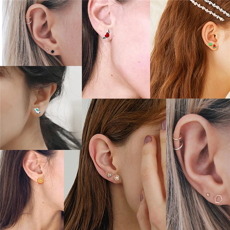 18/36Pairs Colorful Rhinestone Hollow Heart Star Flower Animal Mix Style Moon Crown Small Plastic Stud Earrings Set For Women