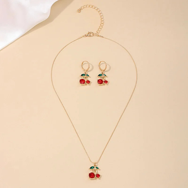 Summer Sweetness Cute Metal Delicacy Red Cherry Pendant Necklace Set for Women  Wedding Party Jewelry Sets Birthday Gift