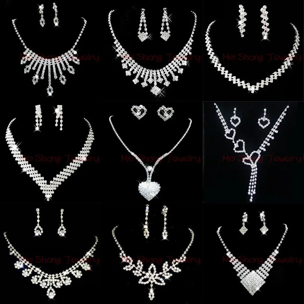 Rhinestone Crystal Silver Color Choker Necklace & Earrings for Women Rhinestone Statement Bridal Wedding Jewelry Sets Wholesale