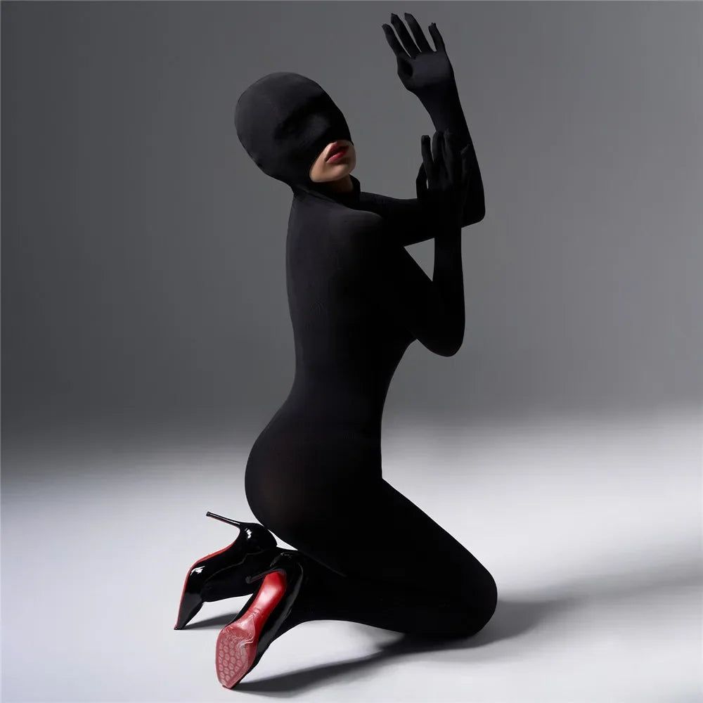 Women's Jumpsuit With Hooded High Elastic Unitard Oil  Shiny Glossy Sexy Bodysuit Five Finger Gloves Tights Skinny Shaper Wear